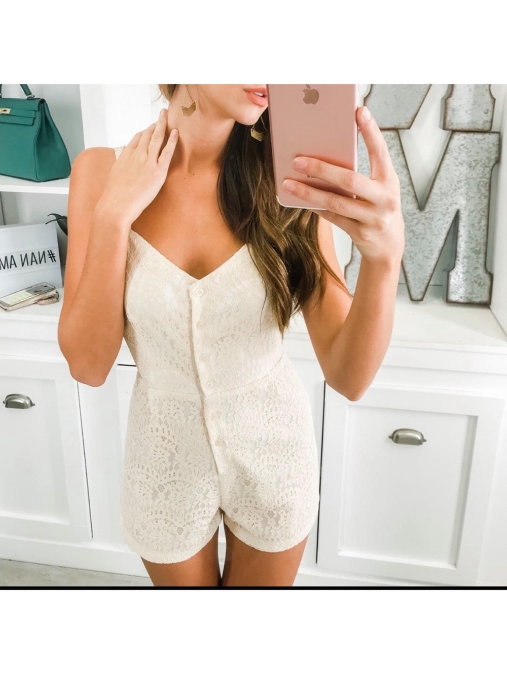 Rachel Cream and pink/blush Lace Button-Front Romper